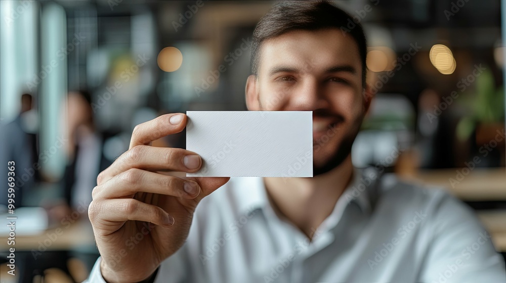 Man Holding a Blank White Business Card in an Office Setting Man Holding a Blank White Business Card in an Office Setting