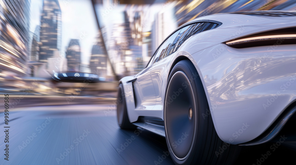 Self-driving electric car navigating through a modern city, technology, innovation, autonomous vehicles, transportation
