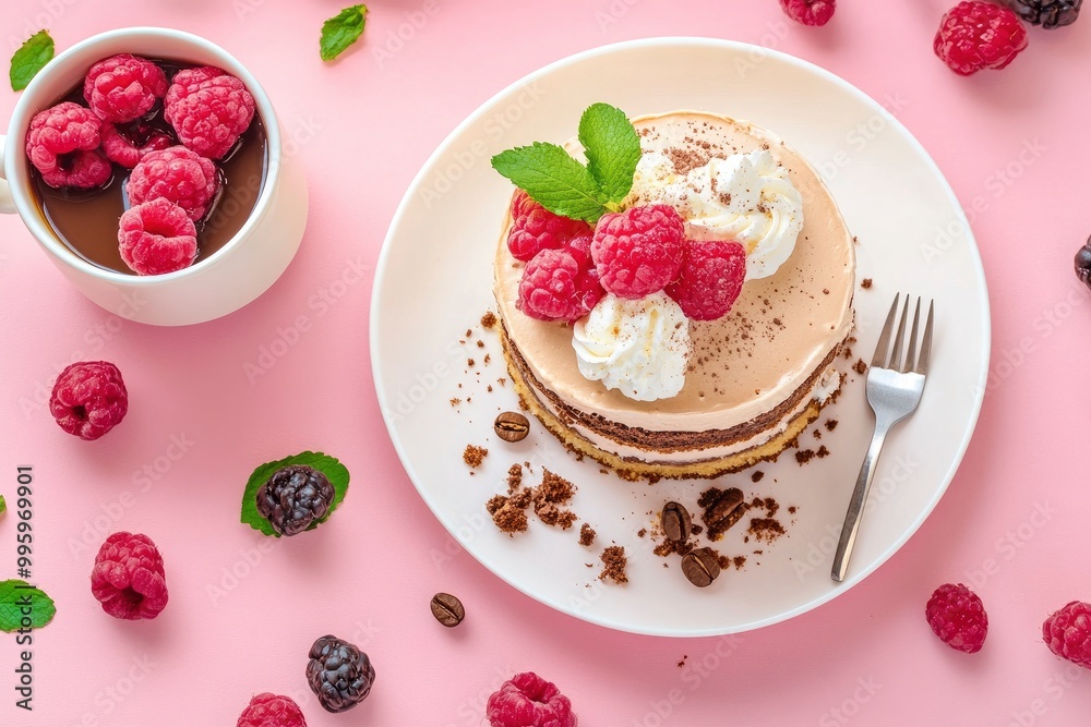 Dalgona coffee and cake on a pink background with generative ai