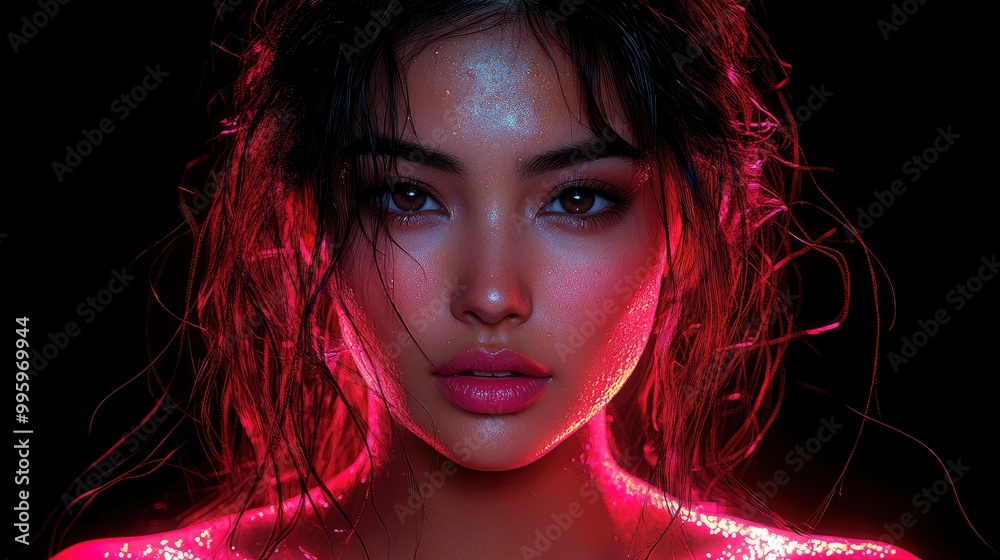 Woman with Pink Glitter in Neon Light Woman with Pink Glitter in Neon Light