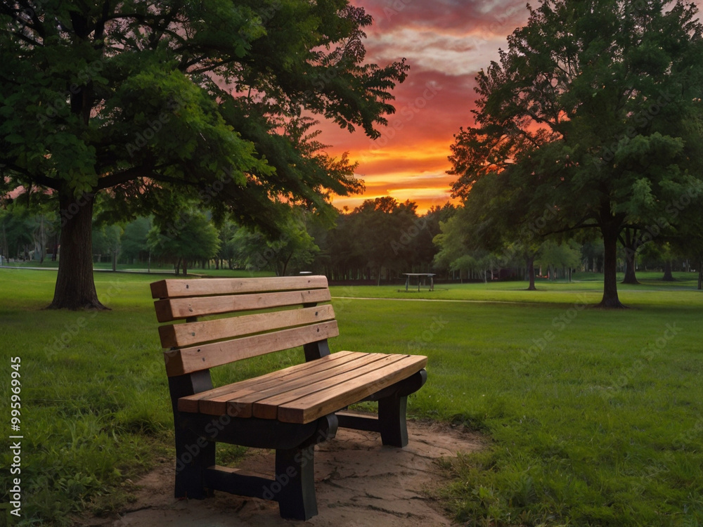 A peaceful park scene with a wooden bench in the foreground A peaceful park scene with a wooden bench in the foreground