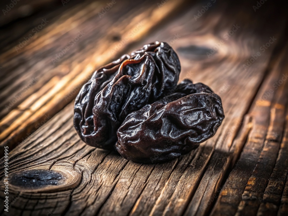 Dark, mysterious, and luxurious, a rich black raisin rests on a weathered wooden table, surrounded by subtle shadows, evoking a sense of elegance and sophistication. Dark, mysterious, and luxurious, a rich black raisin rests on a weathered wooden table, surrounded by subtle shadows, evoking a sense of elegance and sophistication.