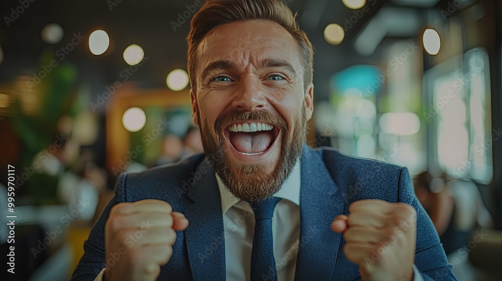 A Man in a Suit Celebrates with Excitement and Joy