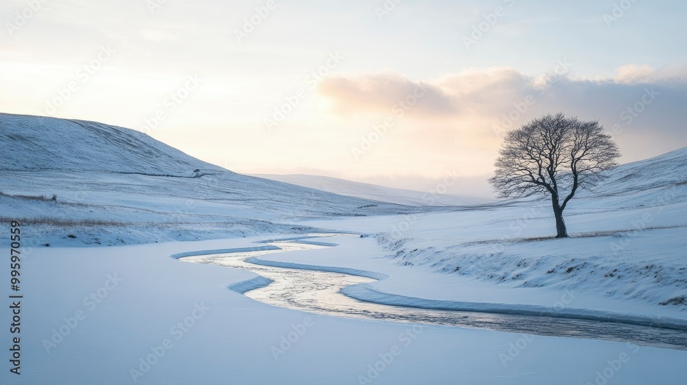 A frozen river winding through a snow-covered valley, with a lone tree standing in the distance. A frozen river winding through a snow-covered valley, with a lone tree standing in the distance.