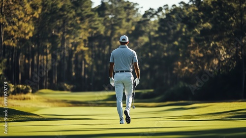 A golfer walks down a fairway carrying his golf bag and club.