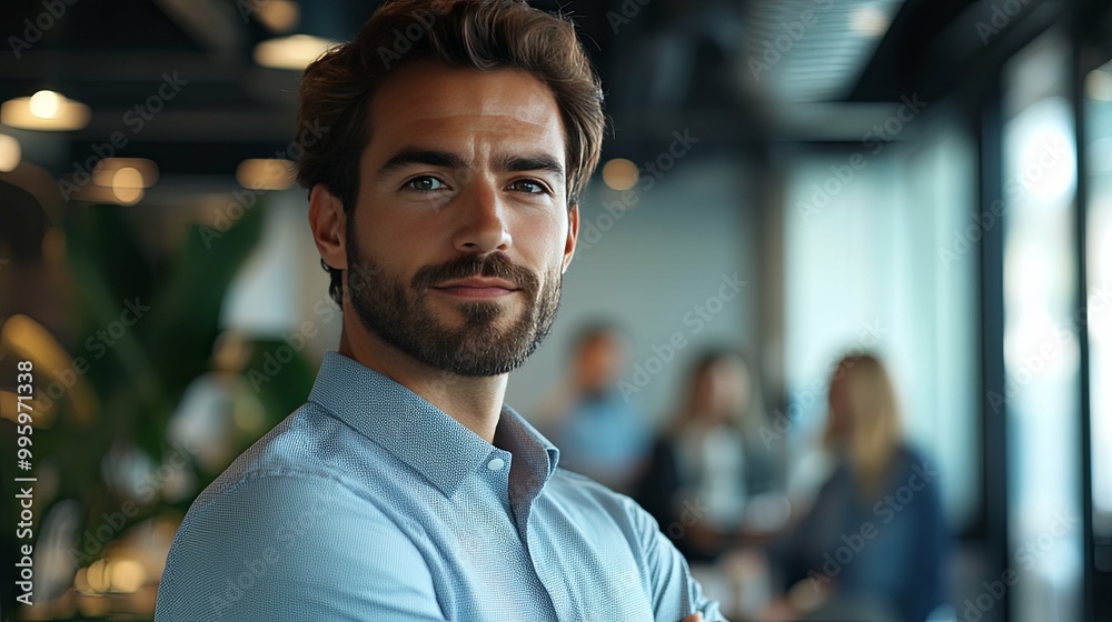 Confident Businessman with a Serious Expression in a Modern Office Confident Businessman with a Serious Expression in a Modern Office