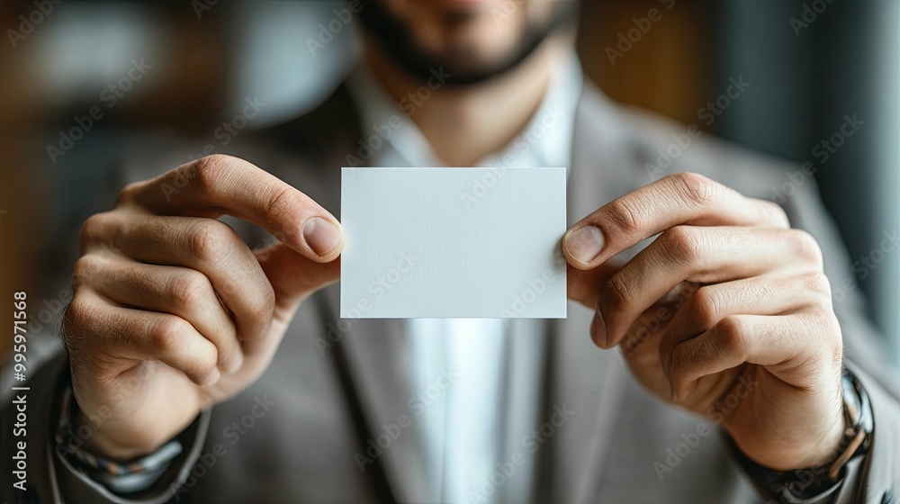 Man Holding Blank White Card in Front of Him