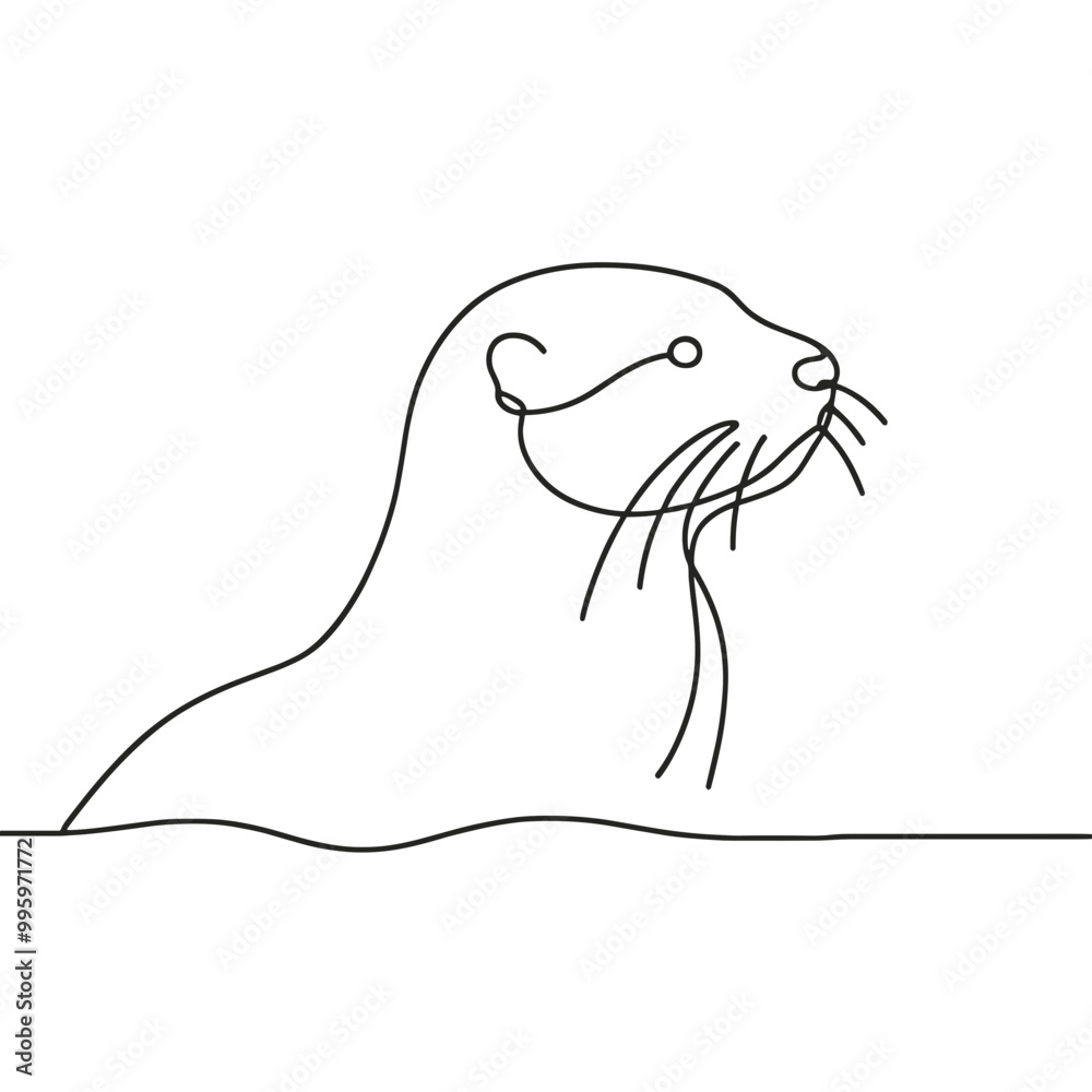 Fototapeta premium A seal is shown in a black and white drawing. The seal is looking to the right. The drawing is simple and clean, with no color