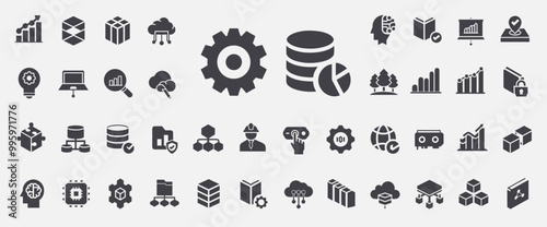  machine learning data analysis artificial intelligence set glyph icons, exploration relationships correlations data visualization
