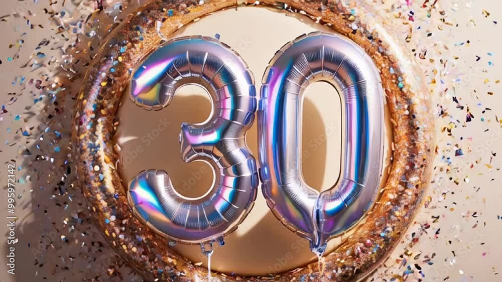Shiny number 30 balloon, confetti, festive design background Shiny number 30 balloon, confetti, festive design background