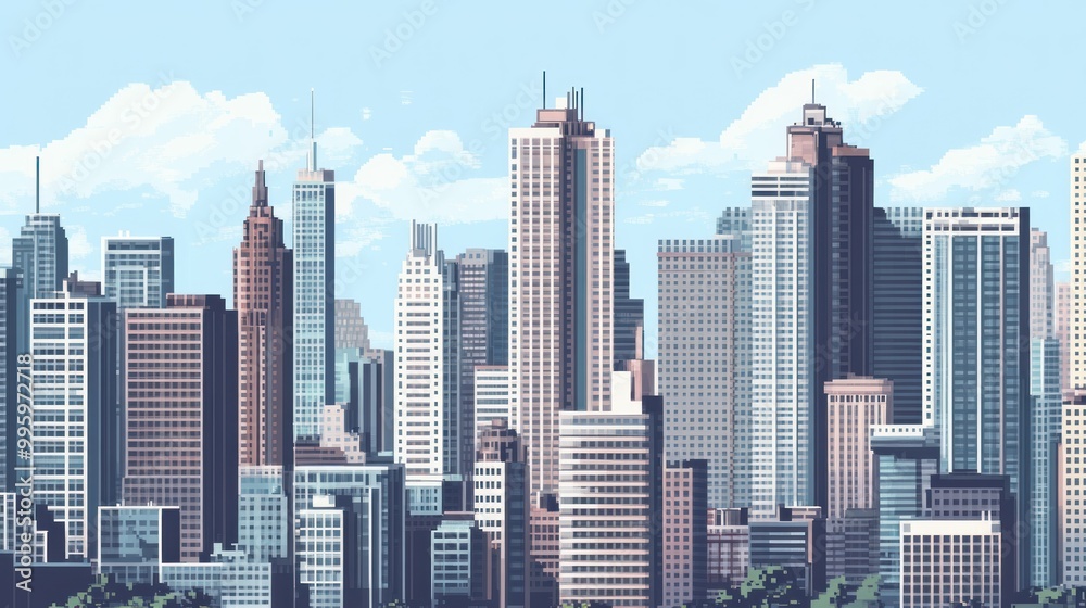 Pixelated Cityscape with Skyscrapers and Clouds Pixelated Cityscape with Skyscrapers and Clouds