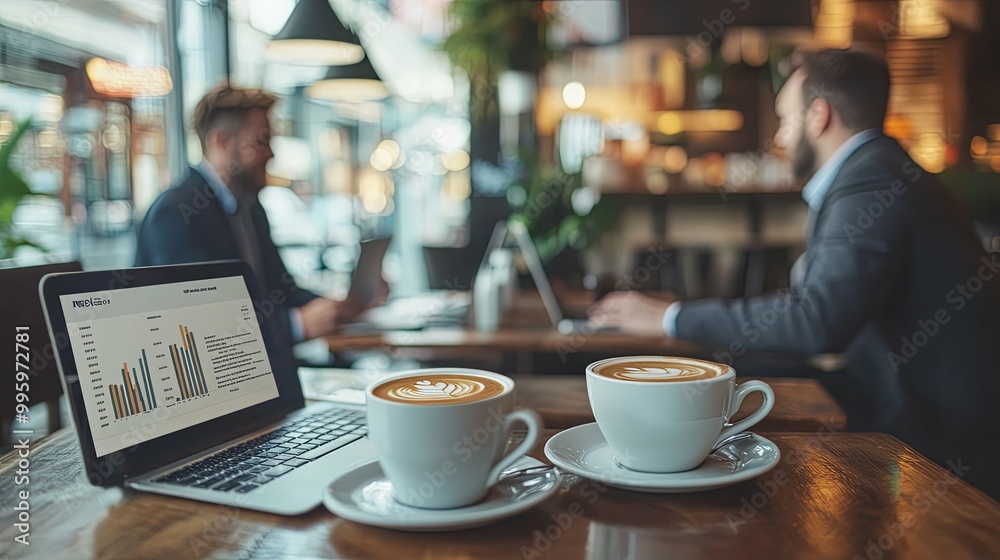 Laptop with Data Analysis and Two Cups of Coffee on a Wooden Table Laptop with Data Analysis and Two Cups of Coffee on a Wooden Table