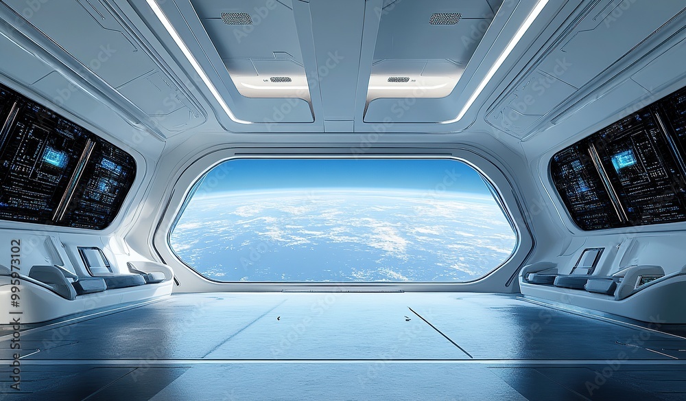 futuristic space station interior, large windows with view of earth and blue ocean, white walls futuristic space station interior, large windows with view of earth and blue ocean, white walls