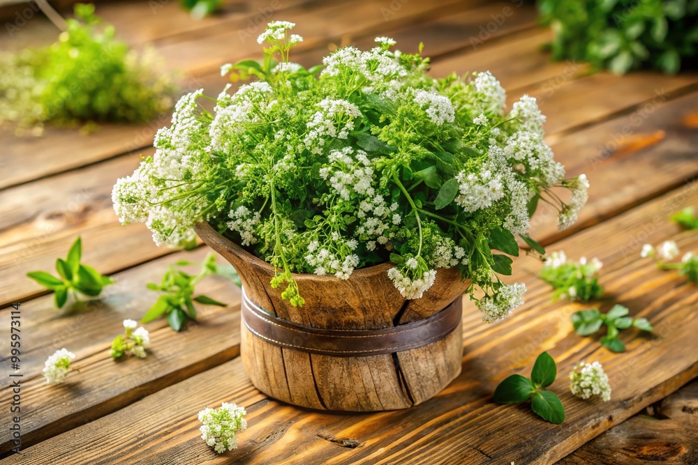 delicate white flowers and lush emerald leaves of pepper cress garnish a rustic wooden table, evoking a springtime garden freshness. delicate white flowers and lush emerald leaves of pepper cress garnish a rustic wooden table, evoking a springtime garden freshness.