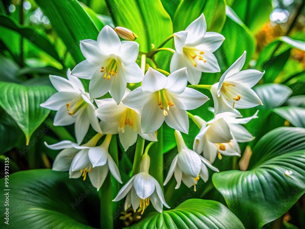 Fototapeta premium Delicate white blooms with yellow centers and dark green leaves of the Eucharis Amazonica, also known as the Amazon Lily, in a lush tropical setting.