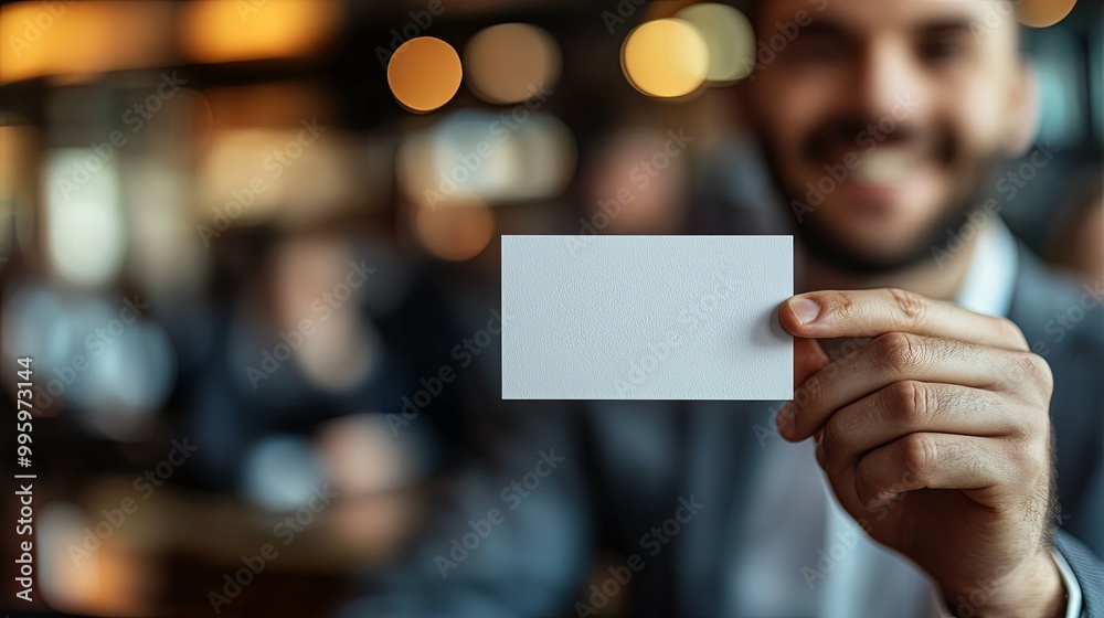A Man Holding a Blank White Card in a Blurred Background A Man Holding a Blank White Card in a Blurred Background