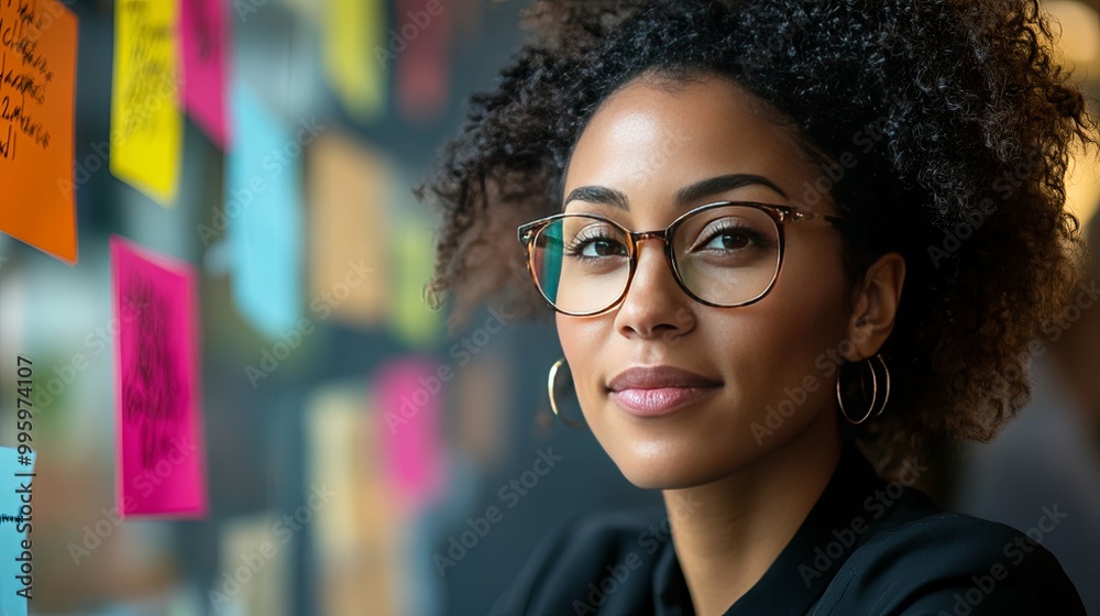 Confident Woman with Glasses and Curly Hair in an Office Setting Confident Woman with Glasses and Curly Hair in an Office Setting