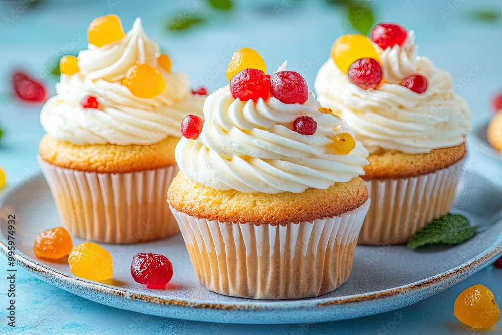 Delicious baked cupcakes topped with sweet white frosting decorated with candied fruits served on plate on blue background in studio with generative ai Delicious baked cupcakes topped with sweet white frosting decorated with candied fruits served on plate on blue background in studio with generative ai