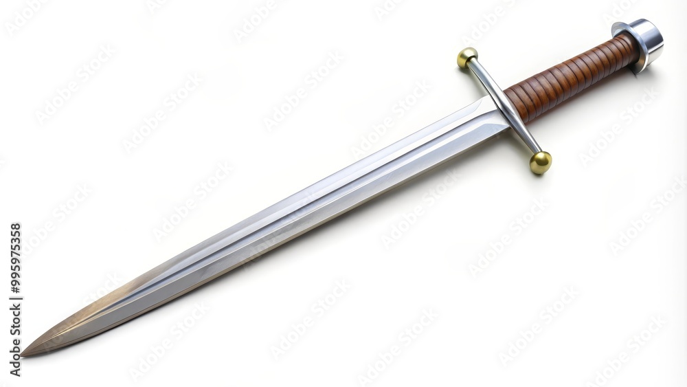 Sharp medieval sword is laying on a white background Sharp medieval sword is laying on a white background