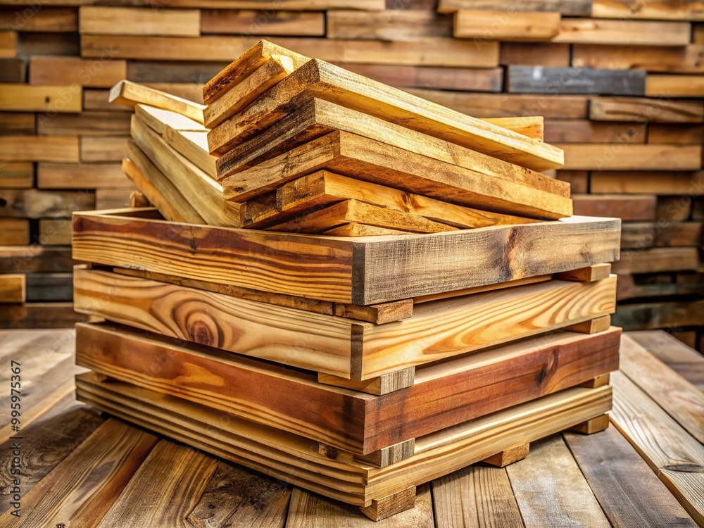 Exotic pine planks, weathered to a warm golden brown, stacked in a rustic crate, exuding natural charm and texture, evoking a sense of nostalgia.