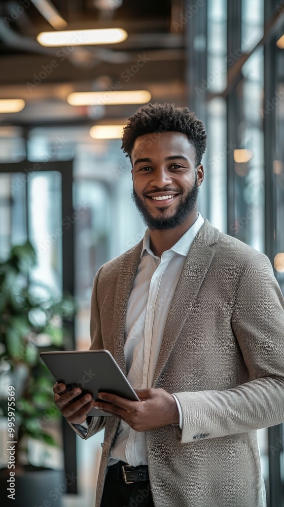 Fototapeta premium A business portrait of a young entrepreneur in a sleek, modern office, holding a tablet and smiling confidently