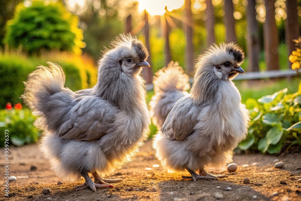 Fototapeta premium Fluffy grey Silkie chickens with soft, silky feathers and endearing faces peck at the ground in a rustic, sun-drenched farmyard setting.