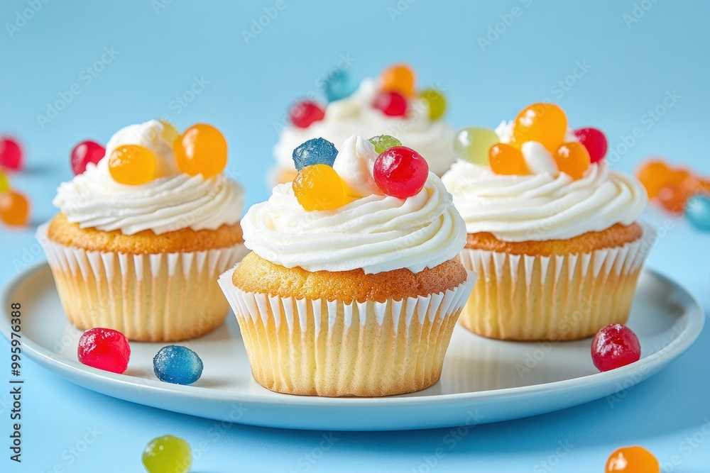 Delicious baked cupcakes topped with sweet white frosting decorated with candied fruits served on plate on blue background in studio with generative ai Delicious baked cupcakes topped with sweet white frosting decorated with candied fruits served on plate on blue background in studio with generative ai