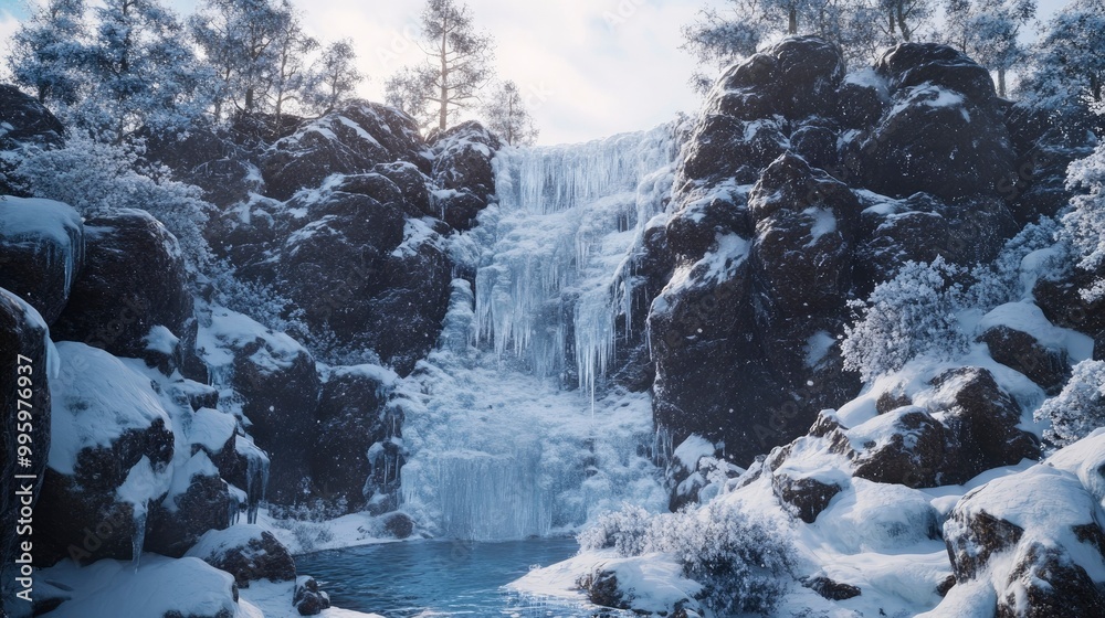 A frozen waterfall cascading down icy cliffs, with snow-covered rocks and trees surrounding the scene. A frozen waterfall cascading down icy cliffs, with snow-covered rocks and trees surrounding the scene.