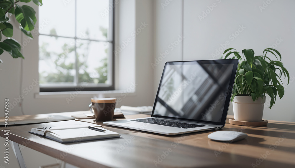 Fototapeta premium desk with laptop in minimalist office