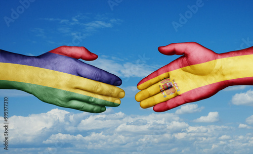 Spain and Mauritius country handshaking with flags, consensus concept international co-operation illustration