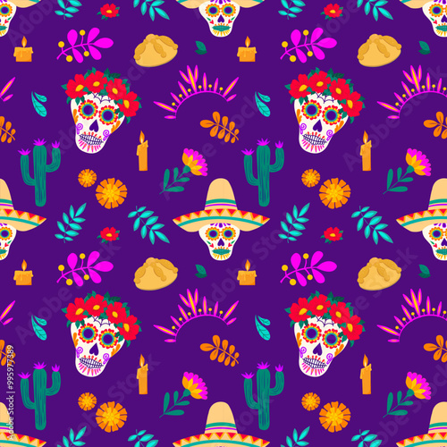 Dia de los muertos seamless vector pattern with sugar skulls calavera, crowns, candles, marigolds, pan de muerto, cactus, fantasy branches on purple background for decoration, textile, design paper