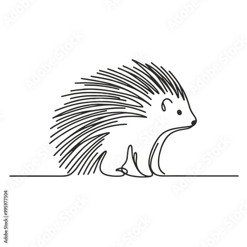 A black and white drawing of a porcupine. The porcupine is standing on a white background