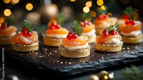 sophisticated christmas canaps with gold and silver hues on a black slate board, showcasing a luxurious holiday catering concept banner design photo