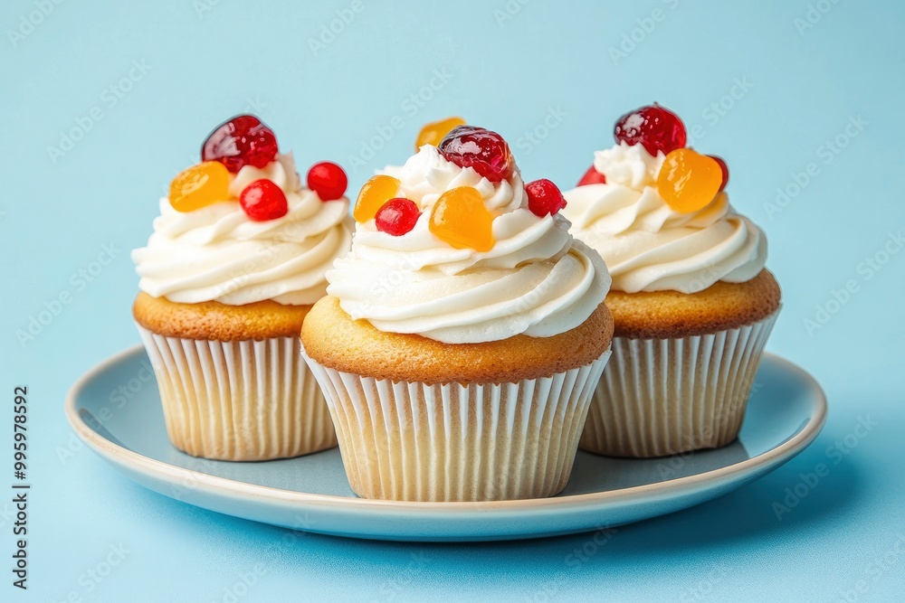 Delicious baked cupcakes topped with sweet white frosting decorated with candied fruits served on plate on blue background in studio with generative ai Delicious baked cupcakes topped with sweet white frosting decorated with candied fruits served on plate on blue background in studio with generative ai