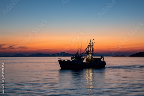 A boat is sailing in the ocean at sunset