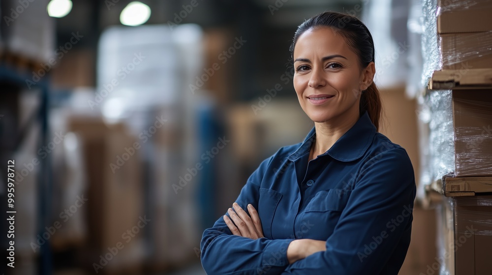 Fototapeta premium A woman in a blue shirt stands in front of a stack of boxes