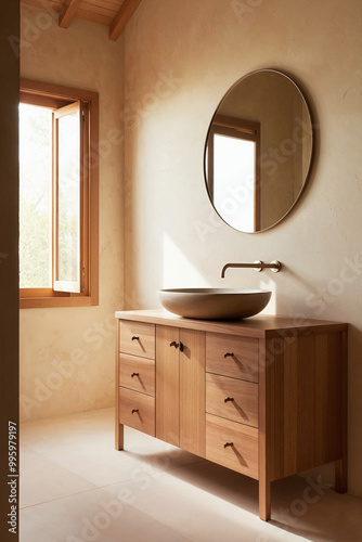 Baño Minimalista con Mueble de Madera y Espejo Circular, Ambiente Cálido y Relajado