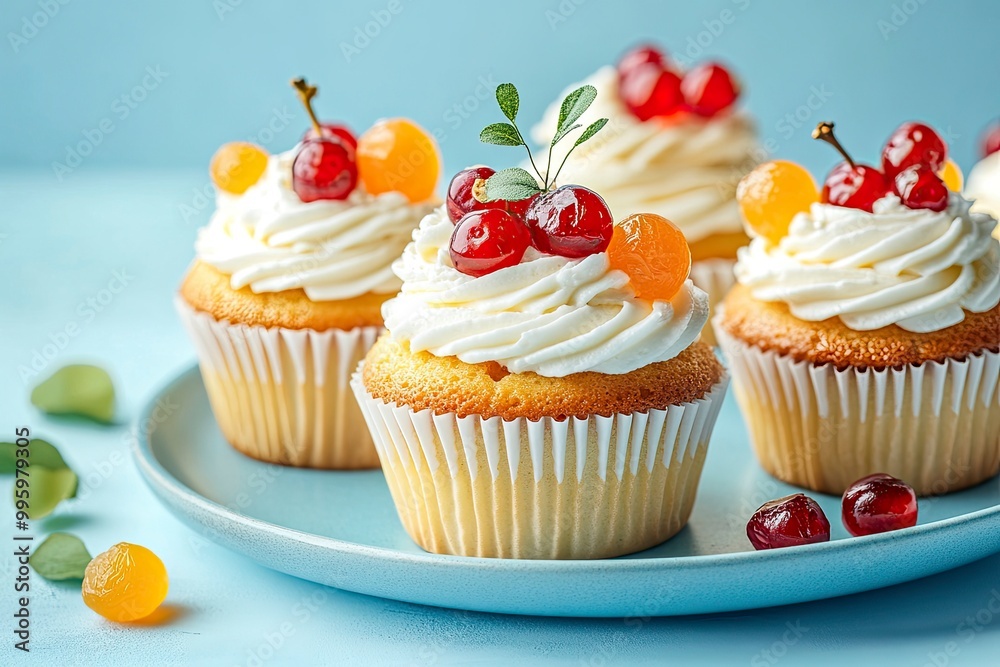 Delicious baked cupcakes topped with sweet white frosting decorated with candied fruits served on plate on blue background in studio with generative ai Delicious baked cupcakes topped with sweet white frosting decorated with candied fruits served on plate on blue background in studio with generative ai