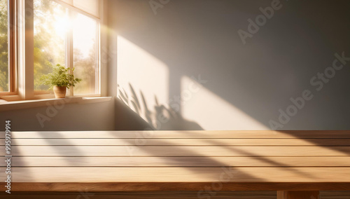 Home backdrop presentation on wooden surface for a clean and minimalistic boho farm house look with window and shadows. Background for product display.