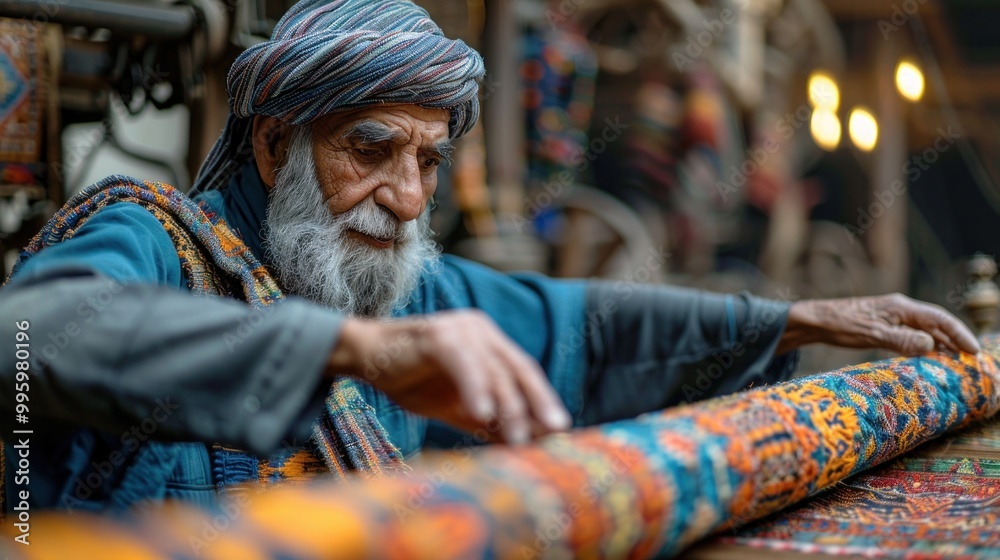An elderly artisan skillfully weaves colorful patterns in a traditional workshop during the golden hour. Generative AI