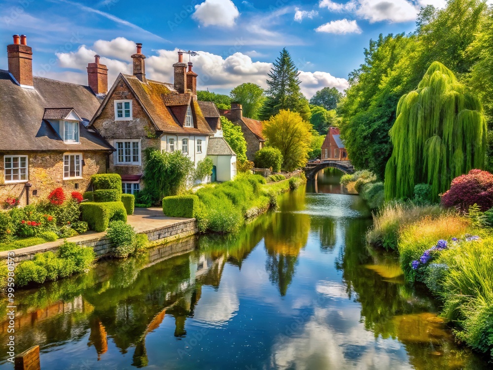 Hungerford's sun-kissed streets awaken to a gentle hush, surrounded by emerald greenery and tranquil riverbanks, old stone buildings with rustic thatched roofs, serene. Hungerford's sun-kissed streets awaken to a gentle hush, surrounded by emerald greenery and tranquil riverbanks, old stone buildings with rustic thatched roofs, serene.