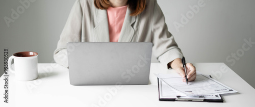 Business woman employer holding resume hiring recruit looking cv resume to hire candidates, analyzing information before job interview. Recruitment concepts photo