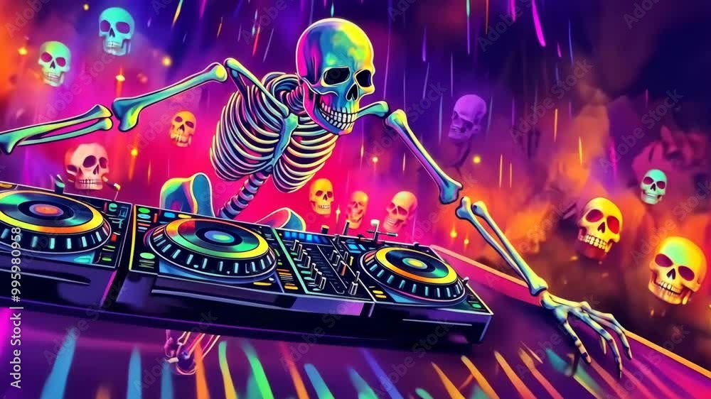 A neon-colored skeleton DJ mixing music at a turntable, creating a lively and surreal party atmosphere with a touch of fantasy and glow. 4K video