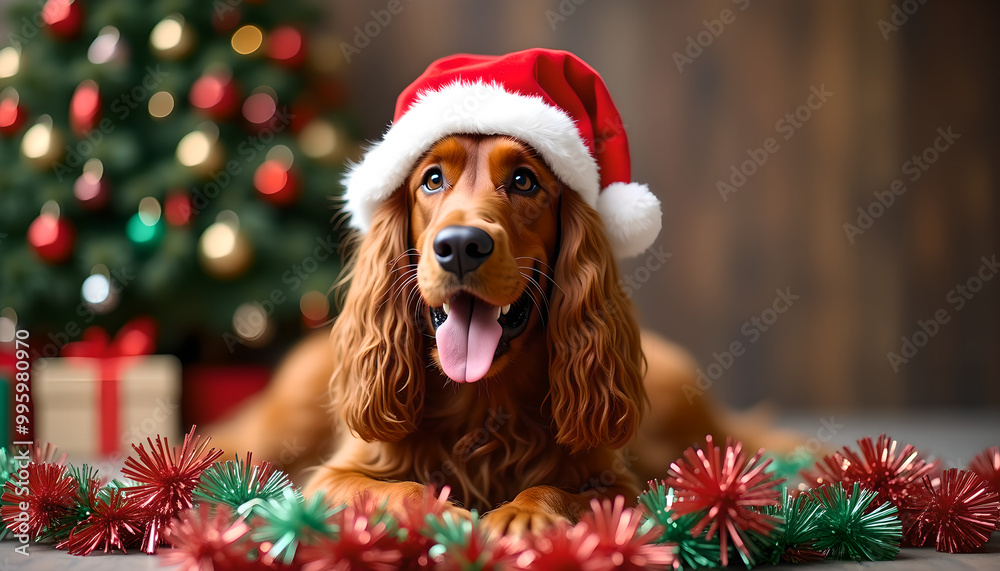 Joyful Irish Setter in a Bright Santa Claus HatPlaying Happily with Colorful Christmas Tinsel in a Festive Setting Joyful Irish Setter in a Bright Santa Claus HatPlaying Happily with Colorful Christmas Tinsel in a Festive Setting