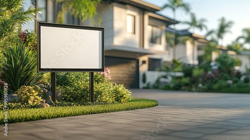 Blank Sign in Front of a House with a Driveway and Landscaping