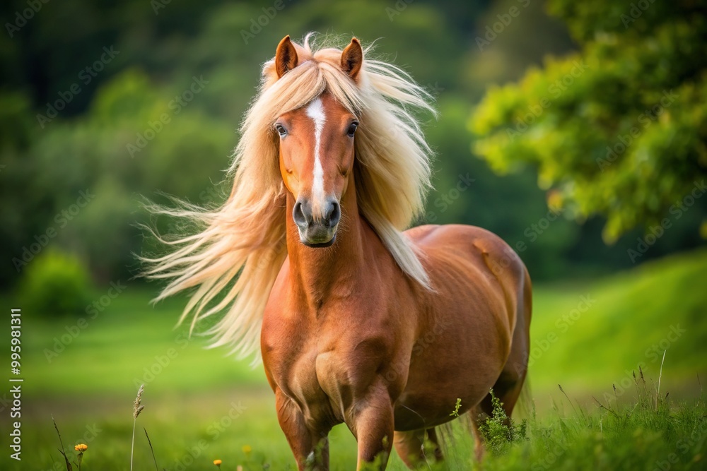 Obraz premium In a sun-kissed meadow, a vibrant young horse with a majestic mane and flowing tail poses, its curious gaze locking onto the camera lens.