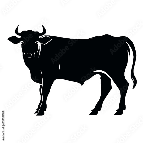 A cow   vector silhouette, a cow with horns ,silhouette isolated white background