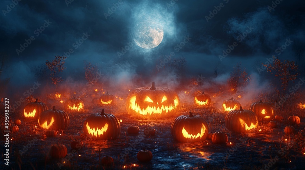 Jack-o'-lanterns Glowing in a Foggy Forest Under a Full Moon Jack-o'-lanterns Glowing in a Foggy Forest Under a Full Moon