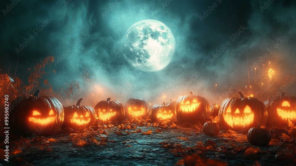 Glowing Jack-o'-Lanterns in a Foggy Halloween Night