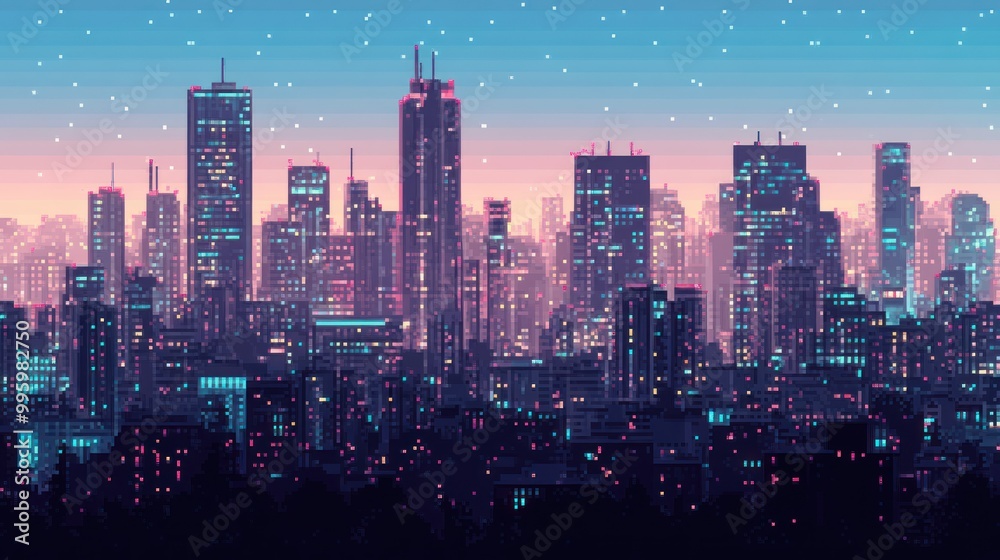 Fototapeta premium Pixelated Cityscape at Dusk with a Scattered Starry Sky
